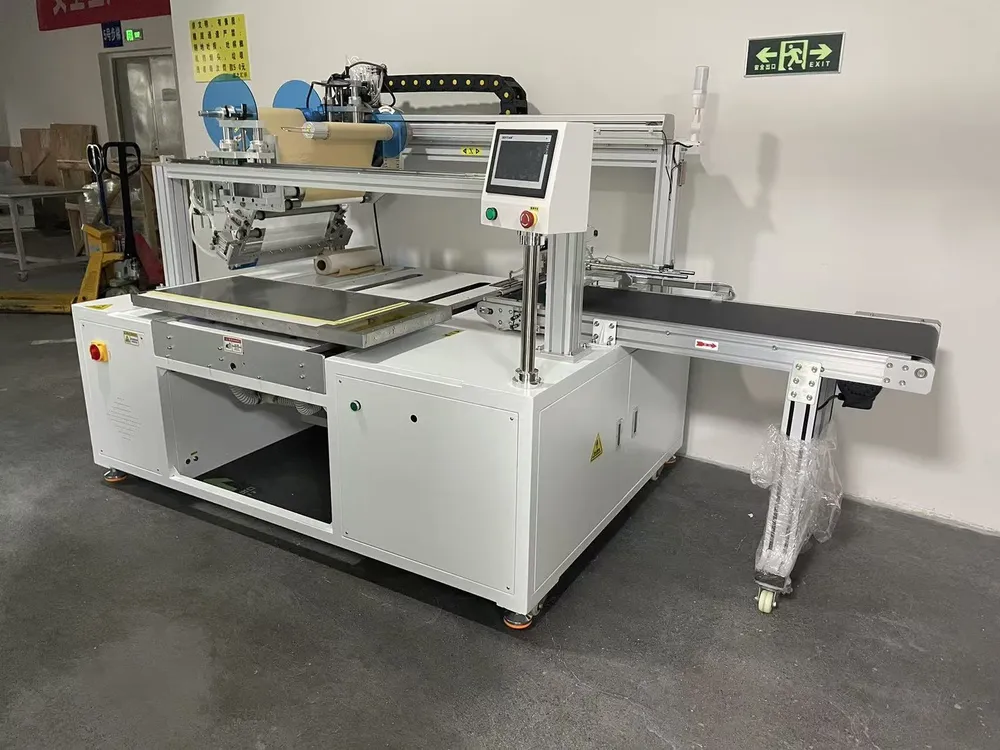 Custom Wide-Format Tape Applicator with Outfeed Conveyor — Custom wide-format tape applicator with outfeed conveyor