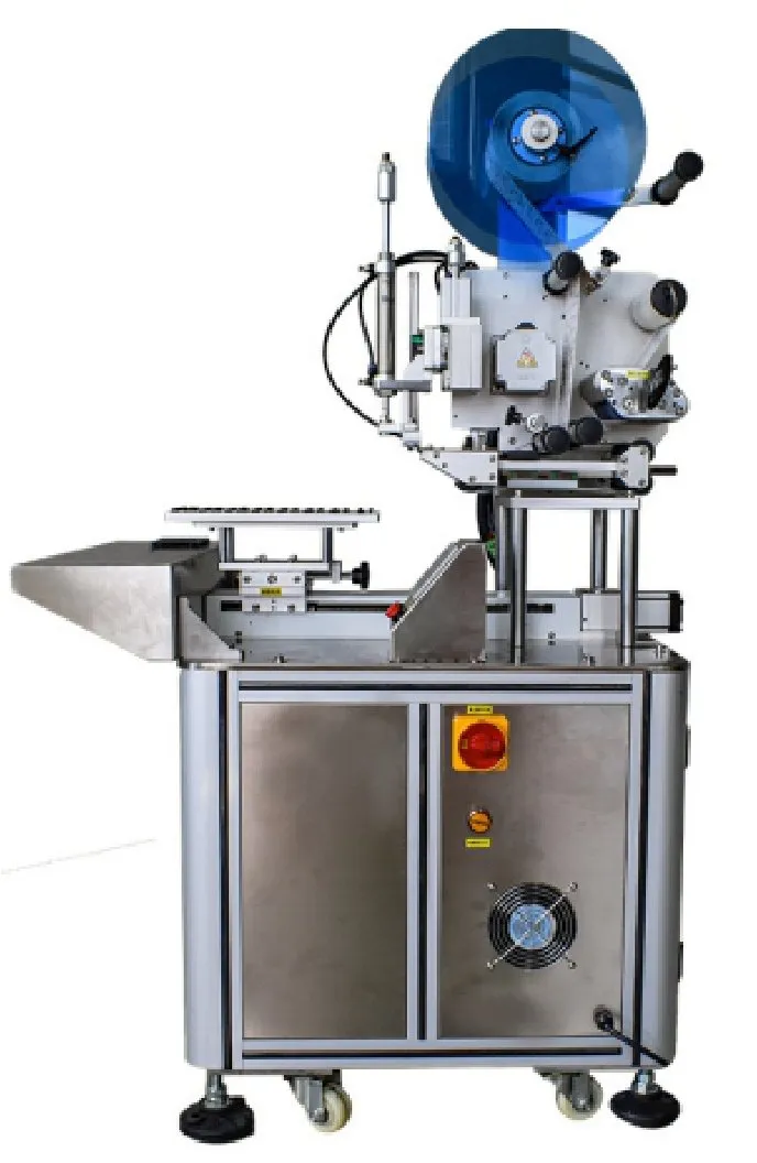 Semi-Automatic High-Precision Labeling Machine — Semi-automatic high-precision labeling machine on a floor cabinet