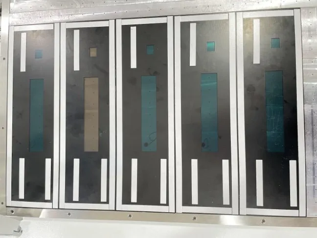 Floor-Standing 3-Axis Tape Applicator — Long panels with tape applied at multiple positions